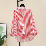 Fongt Shirt 2025 Spring And Autumn Casual Polo Collar Long Sleeve Stripe Loose Retro Stripe Commuting Top Lady