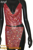 Women Sparkly Rhinestone Sexy Two Piece Set 2023 New Low Cut Sleeveless Halter Backless Party Top Split Empire Mini