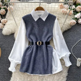 Light Luxury Ladies Dress Set Women's Loose Long-sleeved White Shirt Top + Slit Knitted Vest Vest Two-piece Set-Outfit