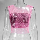 Fongt Nightclub Dresses Fishnet Hollow Out Rhinestone Vest Mesh Flash Diamond Sling Top