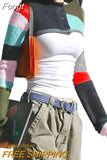 Women Sun-protective Crop Tops Sweater Spring Autumn 2023 y2k Clothes Contrast Color Long Sleeve Round Neck Patchwork