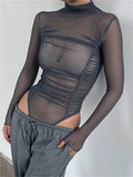 Sexy Women Long Sleeve Ruched Bodysuits Solid Mesh See-Through High Neck Slim Rompers Spring Fall Jumpsuits Clubwear-Outfit
