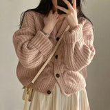 Fongt Chic Autumn Simple Lazy V-Neck Bubble Bubble Sleeves Wrench Loose Knitted Rhi Shirt Sweater Coat
