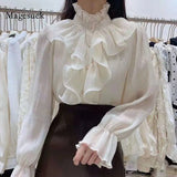 Chic Ruffles Stitching Elegant Blouse Woman Stand Collar Button Chiffon Shirt Long Flare Sleeve Fashion Loose Tops