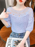 Out Casual Short Sleeve Blouse Loose Elegant O Neck Sweet Tops Summer Lace Women's Blouse Flowers Chiffon Shirts