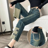 Patchwork Straight Cropped Pants Spring Autumn High Waist Women's Clothing Stylish Distressed Button Commute Basic Jeans-Outfit