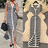 Fongt Chic Vintage Collar Single Buckle Began Striped Knitted Dress Female Thin Dress