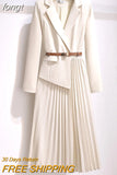 Women's Dress Notched Chiffon Elegant Dresses for Women 2023 Spring Pleated White Dress Belt Knee-Length Solid OL Woman