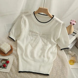 Style Beading Bowknot T Shirts Women's O Neck Short Sleeve Knitted Sweet Tee Tshirt Summer Slim Thin Top-Outfit