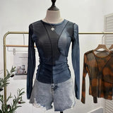 Spring Slim Women See-through Irregular Patchwork Mesh T-shirts Girls O-neck Full Sleeve Sheath Thin Crop Tops-Outfit