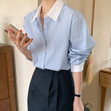 Fongt Chic Spring And Autumn Small Temperament Clip Clip Relaxed Long Sleeve Striped Shirt Woman