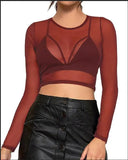Fongt Elastic Tight Perspective Sexy Mesh Bottom Shirt Transparent Long Sleeve T-Shirt Women's Lace