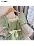 Summer Fairycore Backless Square Collar Bow Lace-up Green Long Dresses Women High Waist Chiffon Loose Evening