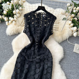 Fongt Light Luxury High-End Sleeveless Dress Female Summer Mesh Yarn Hollow Hook Open Fork Design Long Dress
