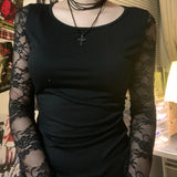 Fongt Mesh Splicing Long-Sleeved T-Shirt Hottie Slime Sexy Perspective Inside The Bottom Top Woman