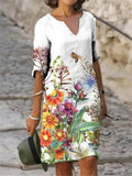 Floral Print Fashion Slim V-Neck Half Sleeve Midi