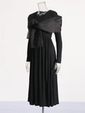 Fongt Temperament Dress Women 2025 Spring New Round Neck Mesh Stitching Design Black Long Sleeve Dress