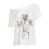 Fongt Sub-Series Cross Scald Copper Slanted Shoulder Loose Casual T-Shirt Hottie Street Sexy V-Neck On The Shoulder