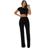 knitted long sleeve o-neck crop top wide leg pants 2 piece set for female women tops pants two pieces sets women's