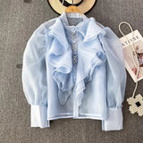 Fongt Court Style Super Fairy Collar Layer Lotus Edge Eugen Yarn Perspective Single Buckle Shirt Female Gas Top