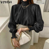 Elegant Turtleneck Blouse Casual Long Flare Sleeve Solid Color Tops 2022 VONDA Female Bohemian Blusas