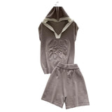 Fongt Fashion Set Women's Summer Design Three-Dimensional Relief Hooded Sleeveless Knitted Tops High Waist Broad Leg Shorts