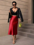 2024 New Women's Satin Slim Skirt Satin Solid Color Medium-Long Buttocks Fishtail Skirt-Outfit