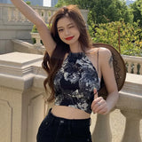 Summer Women's Retro Print Halte Bandage Slim Sexy Exposure Navel Tank Tops-Outfit