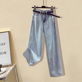 Women Summer Long Pants Sets Korean Casual Square Short Sleeve Print Short Top And Denim Jeans Trouser Two Pieces