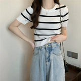 Fongt Knitted Short-Sleeved T-Shirt For Women's Summer 2023 New Design Sense Slimmed Shoulders Short