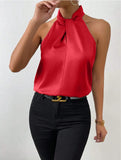 Fongt Women's Clothing 2025 Summer New Color Clove Hanging Neck Sleeveless Vest Ribbon Simulation Silk Top