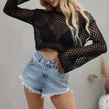 Women Wool Knitwear Solid Color Mesh Round-Neck Long Sleeve Knitted Pullover Tops For Ladies 5 Colors Beachwear Bikini Cover