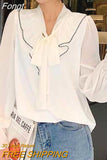 White Bow 2023 Sweet Chiffon Blouses Loose Tops Korean Flare Long Sleeve Shirts Women Autumn Female Ropa De Mujer