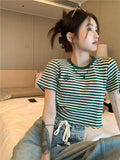 Fongt Striped Short-Sleeved T-Shirt Female Ins Tide Summer 2024 New Korean Version Design Sense Slim Short Student