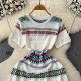 Fongt Fresh Striped Dresses Women's Summer French Oceanic Vintage Design Sensation Sweet National Wind Knitted Skirt