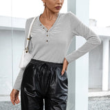 Casual Blue and White Striped T-shirt Long Sleeve Sexy V neck Buttons Loose Office Lady Pullover Tops 2021 Autumn