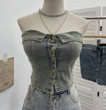 Fongt With Chest Cushions Denim Bra Sleeveless Top Single Buckle One-Pack Short Vest 2738