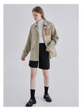 Women Vintage Patchwork Short Jacket Trendy Turn-down Collar PU Pocket Loose Casual Single Breasted Trend Thin Coat Autumn
