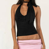 Girl Style Low-Cut V-Collar Pleated Tie Rope Sling Vest With Exposed Back Sexy Tight Top-Outfit