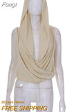 Pleated Hooded Slim Crop Tops Women Elegant V Neck Solid Sleeveless T-shirt 2023 Summer Casual Female Apricot