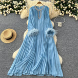 Fongt 2025 New Elegant Solid Dress Round Collared Loose Hair Splicing 100 Folding Long Dress