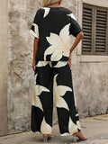 Fongt Summer Set Printing V-Neck Bat Sleeve Blouse Long Pants Fashion Two-Piece