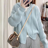 Version Of Solid Color Double Zipper Hooded Sweater Female Korean Early Autumn New Loose Style Soft Waxy Knitted Cardigan Jacket-Outfit