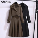 Office Mid Pleated Skirt Two Piece Sets Women Korean Short Blazer Jackets And A-line Skirts Suit Elegant Spring Fall