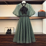 Vintage Design Elegant Dresses Summer Bow Collar Polka Dot Print Chiffon Dresses Puff Sleeve Korean Office Ladies