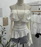 Fongt Ballet Style Shoulder Fold Texture Texture Coat Irregularly Ribbon Horn Sleeve Short Shirt 1158