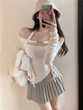 Girl One-line Shoulder Neck Long Sleeve T-shirt Tight Irregular Drawstring Slimming Top Base Shirt-Outfit
