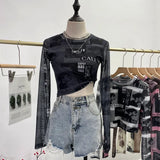 Real Shooting Front Double-Layer Tie-Dye Printing Mesh Long-Sleeved Top Short High-Waisted T-Shirt T-Shirt