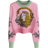 Pink Flower Crown Girl Jacquard Short Sweater Knitted Crop Tops Winter Clothes Y2K Jumper Elegant Lady Kawaii