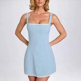 Blue Square Neck Strap Mini Dress-Outfit